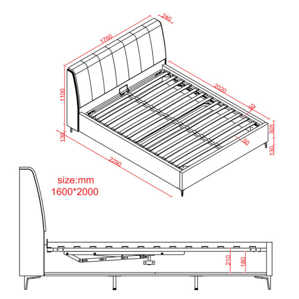 מיטה זוגית מעוצבת 140/190 בריפוד בד רחיץ עם ארגז מצעים מעץ דגם אליזבט 140